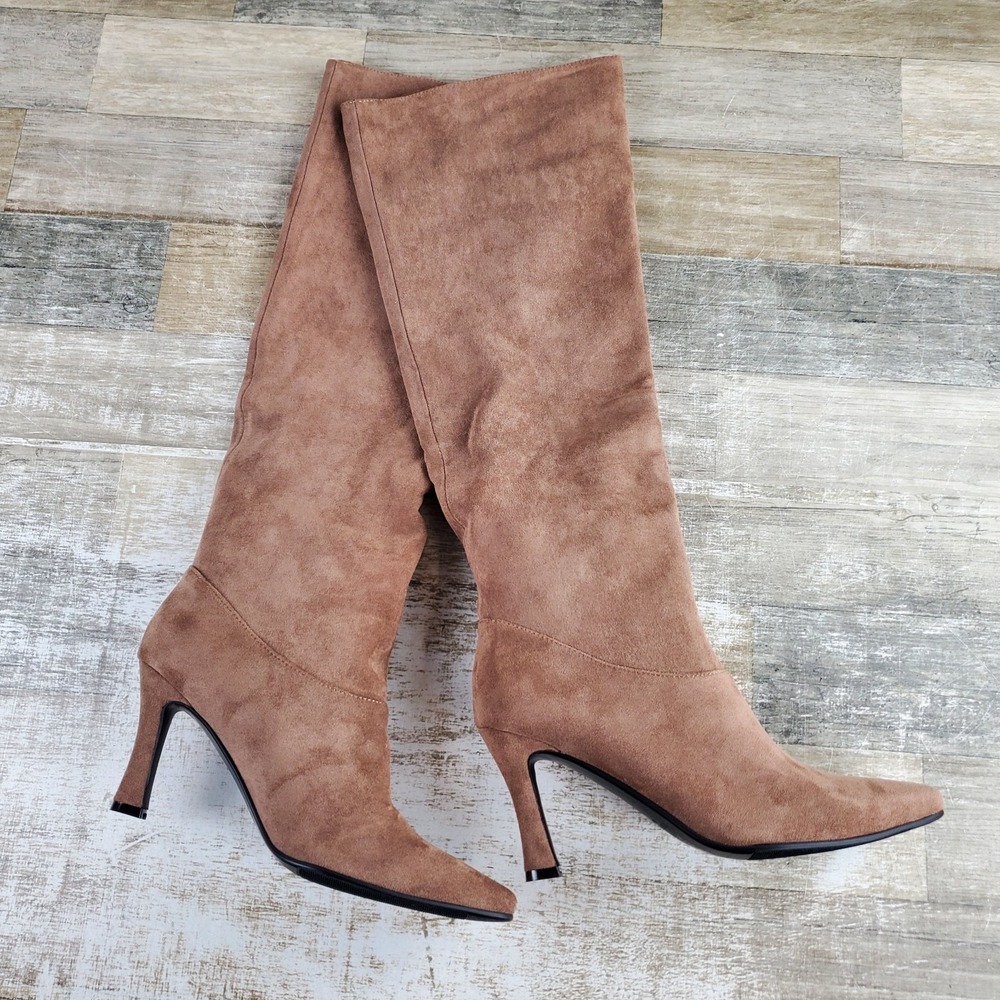 Torgeis Donatella Womens Knee-High Boots Sz 9 Tan Faux Suede Stiletto Heel